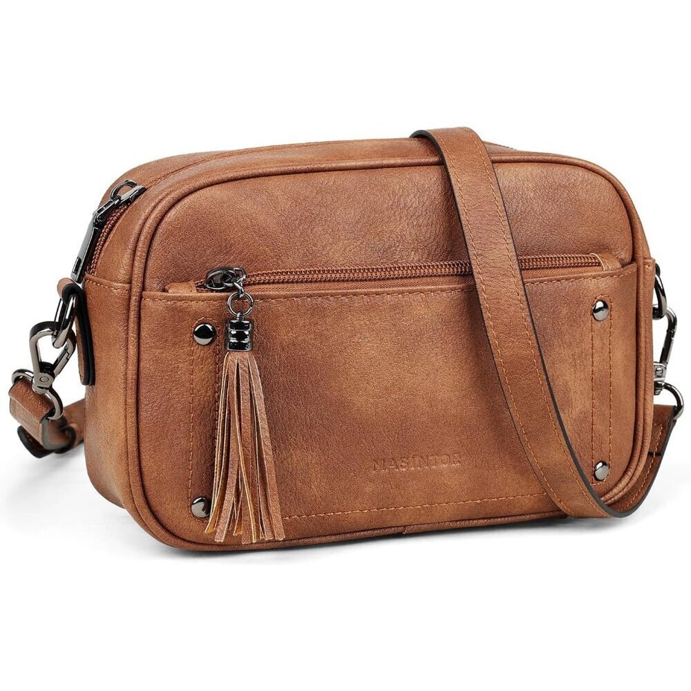 Vegan Leather Crossbody Bag for Women Adjustable Strap Tassel Compact Purse